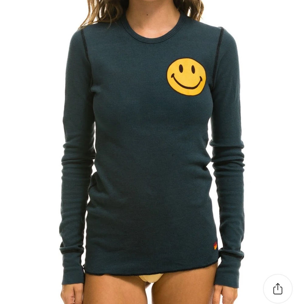 Aviator Nation Dark Teal Sweater with Yellow Smiley